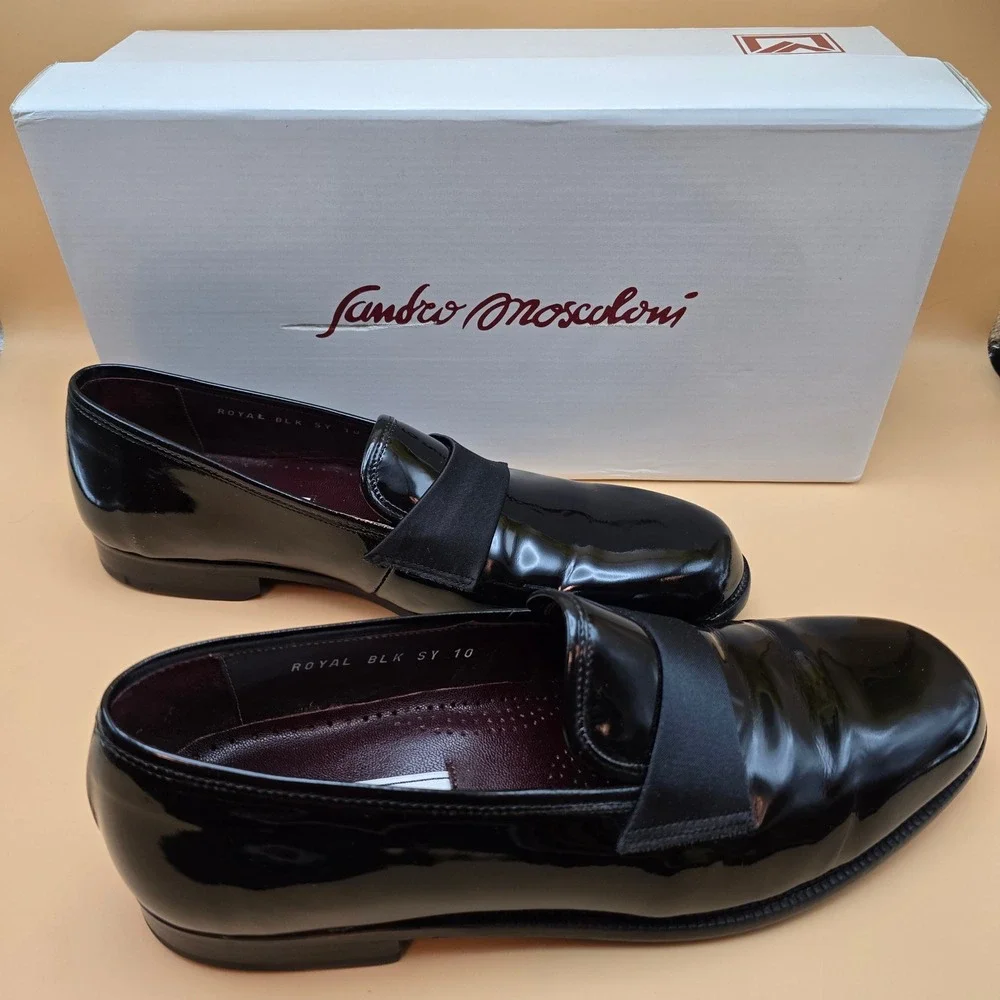 Sandro Moscoloni Men's Royal Black Patent Leather Tuxedo Loafers 10 Spain in Box
